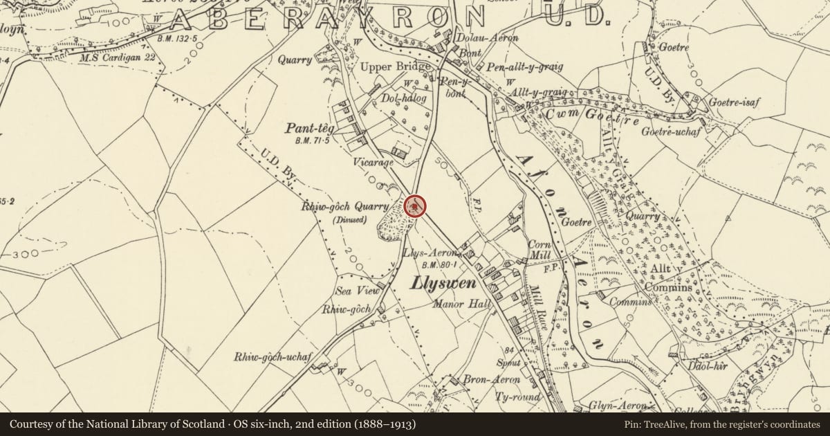 Ordnance Survey six-inch map, 2nd edition (1888–1913) covering the location of Former Toll House Lampeter Road Panteg, Aberaeron, Ceredigion, with a pin at the register's coordinates