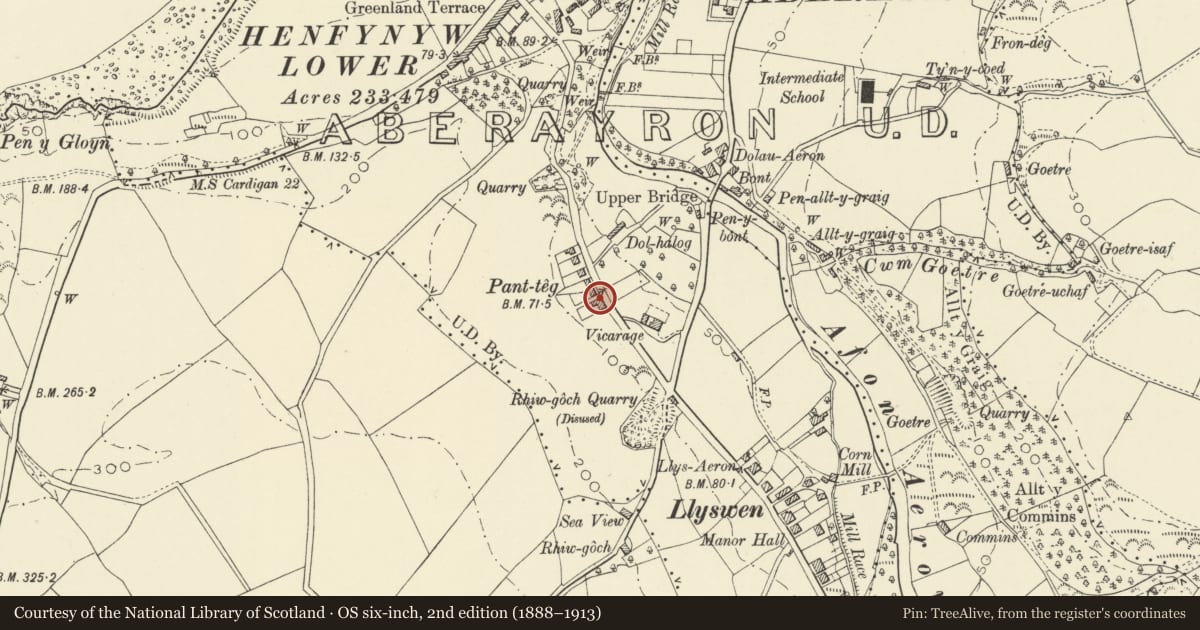 Ordnance Survey six-inch map, 2nd edition (1888–1913) covering the location of Panteg Villas, Aberaeron, Ceredigion, with a pin at the register's coordinates