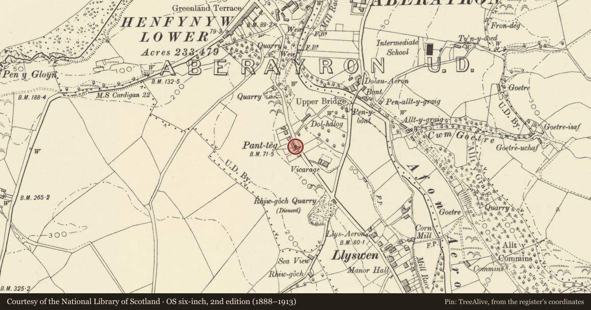 Ordnance Survey six-inch map, 2nd edition (1888–1913) covering the location of No 2 Panteg Villas (Islwyn), Aberaeron, Ceredigion, with a pin at the register's coordinates