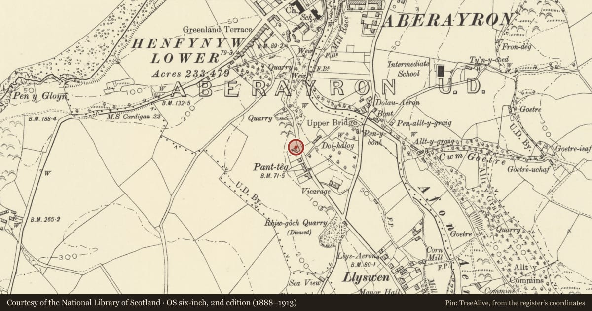 Ordnance Survey six-inch map, 2nd edition (1888–1913) covering the location of No 6 Panteg Villas, Aberaeron, Ceredigion, with a pin at the register's coordinates