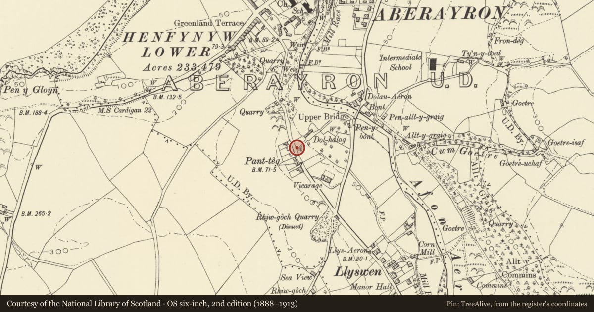 Ordnance Survey six-inch map, 2nd edition (1888–1913) covering the location of Pump, Aberaeron, Ceredigion, with a pin at the register's coordinates