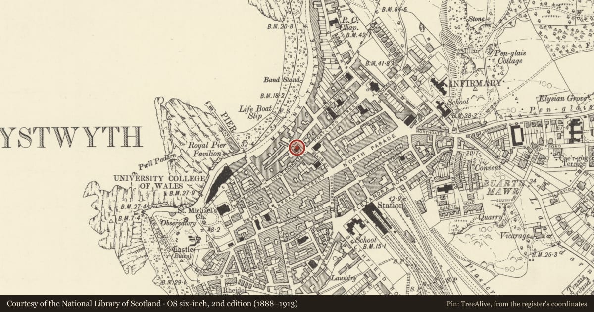 Ordnance Survey six-inch map, 2nd edition (1888–1913) covering the location of English Baptist Chapel, Aberystwyth, Ceredigion, with a pin at the register's coordinates