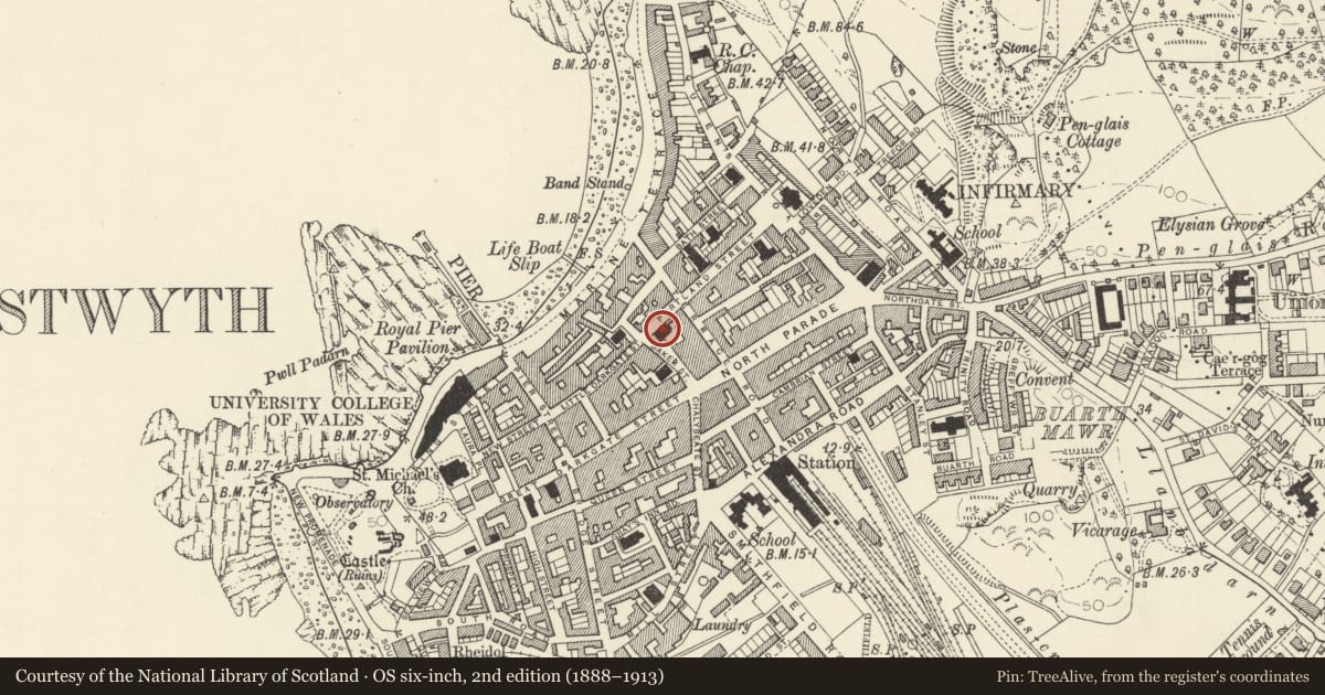 Ordnance Survey six-inch map, 2nd edition (1888–1913) covering the location of Bethel Welsh Baptist Chapel, Aberystwyth, Ceredigion, with a pin at the register's coordinates