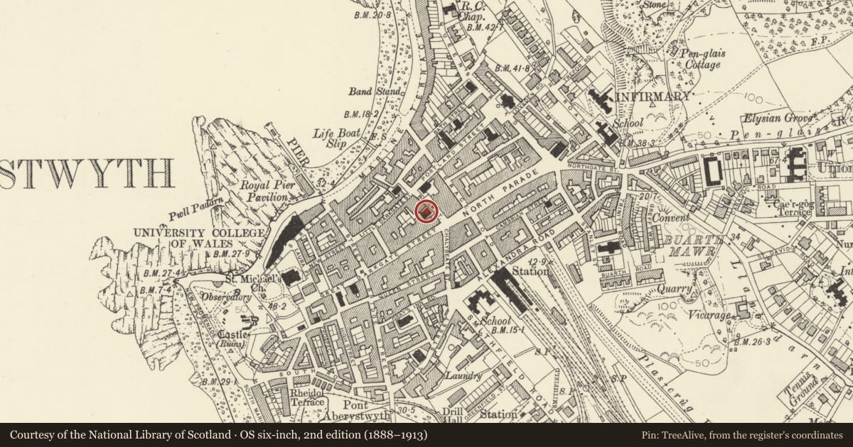 Ordnance Survey six-inch map, 2nd edition (1888–1913) covering the location of Seion Welsh Congregational Chapel, Aberystwyth, Ceredigion, with a pin at the register's coordinates