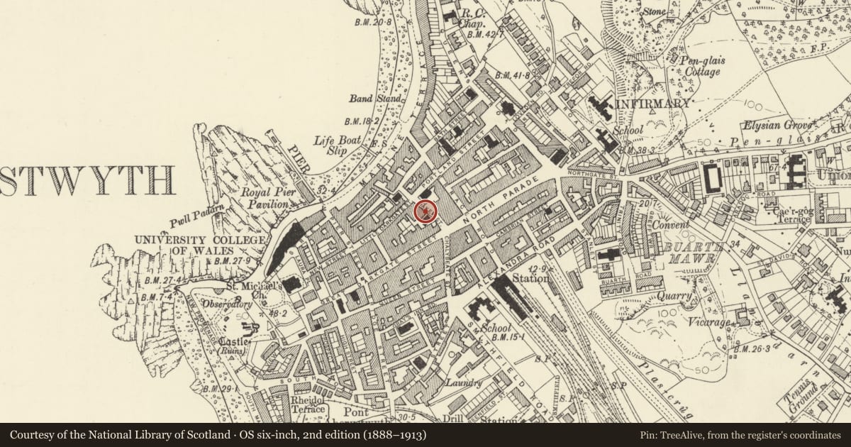 Ordnance Survey six-inch map, 2nd edition (1888–1913) covering the location of 4 Baker Street, Aberystwyth, Ceredigion, with a pin at the register's coordinates