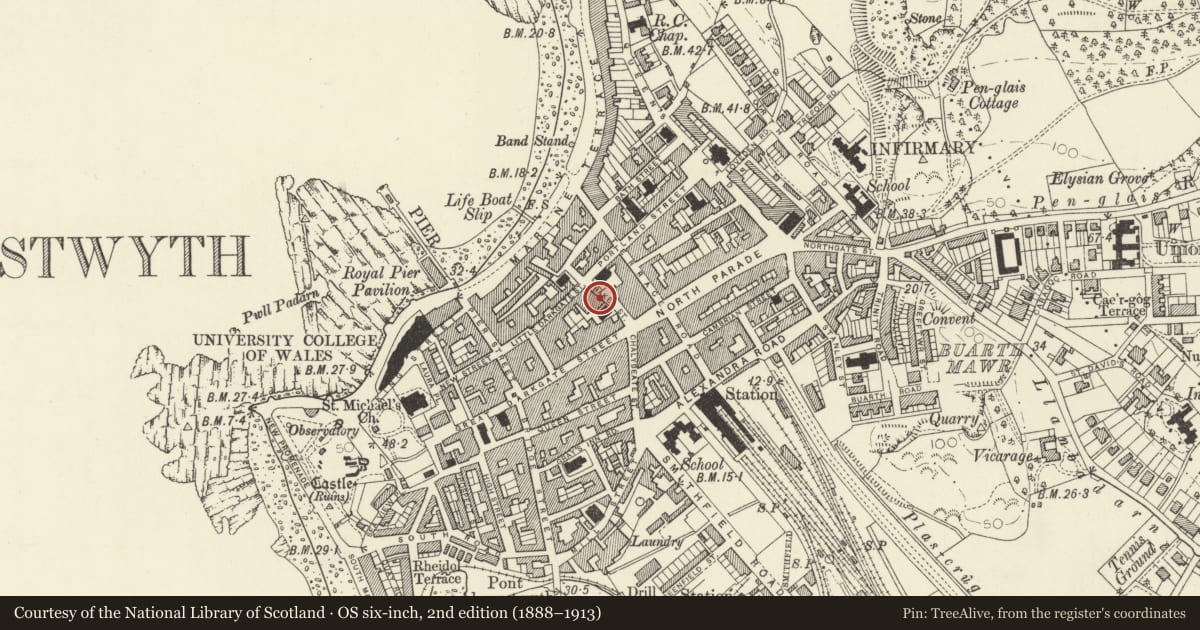 Ordnance Survey six-inch map, 2nd edition (1888–1913) covering the location of 6 Baker Street, Aberystwyth, Ceredigion, with a pin at the register's coordinates