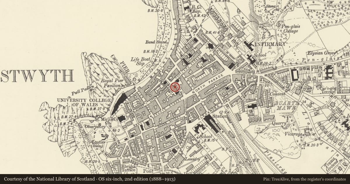Ordnance Survey six-inch map, 2nd edition (1888–1913) covering the location of 8 Baker Street, Aberystwyth, Ceredigion, with a pin at the register's coordinates
