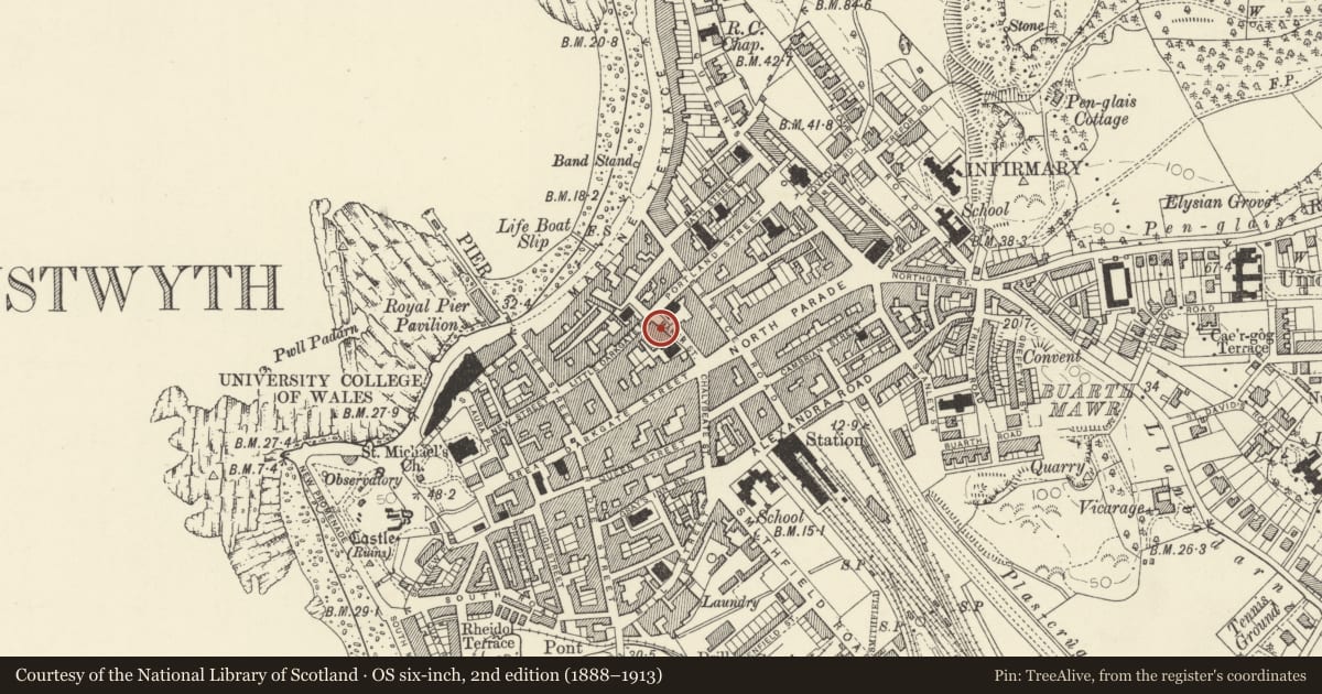 Ordnance Survey six-inch map, 2nd edition (1888–1913) covering the location of 10 Baker Street, Aberystwyth, Ceredigion, with a pin at the register's coordinates