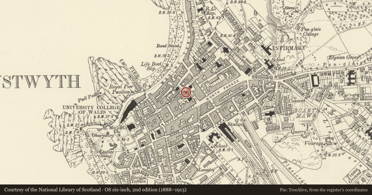 Ordnance Survey six-inch map, 2nd edition (1888–1913) covering the location of 12 Baker Street, Aberystwyth, Ceredigion, with a pin at the register's coordinates