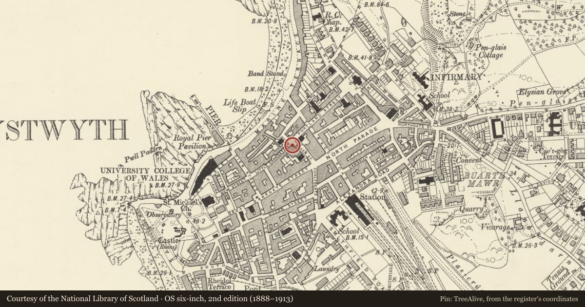 Ordnance Survey six-inch map, 2nd edition (1888–1913) covering the location of Victoria House The Alliance & Leicester Building Society, Aberystwyth, Ceredigion, with a pin at the register's coordinates