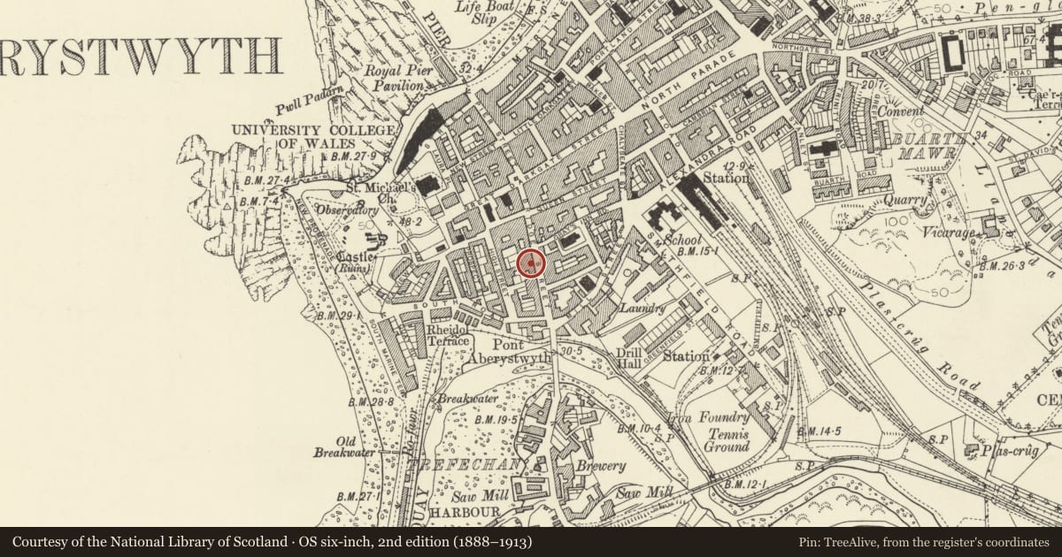 Ordnance Survey six-inch map, 2nd edition (1888–1913) covering the location of Westminster House, Aberystwyth, Ceredigion, with a pin at the register's coordinates