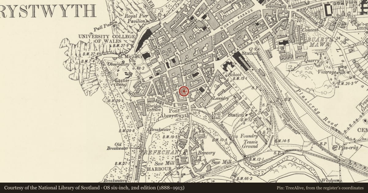 Ordnance Survey six-inch map, 2nd edition (1888–1913) covering the location of 47 Bridge Street, Aberystwyth, Ceredigion, with a pin at the register's coordinates