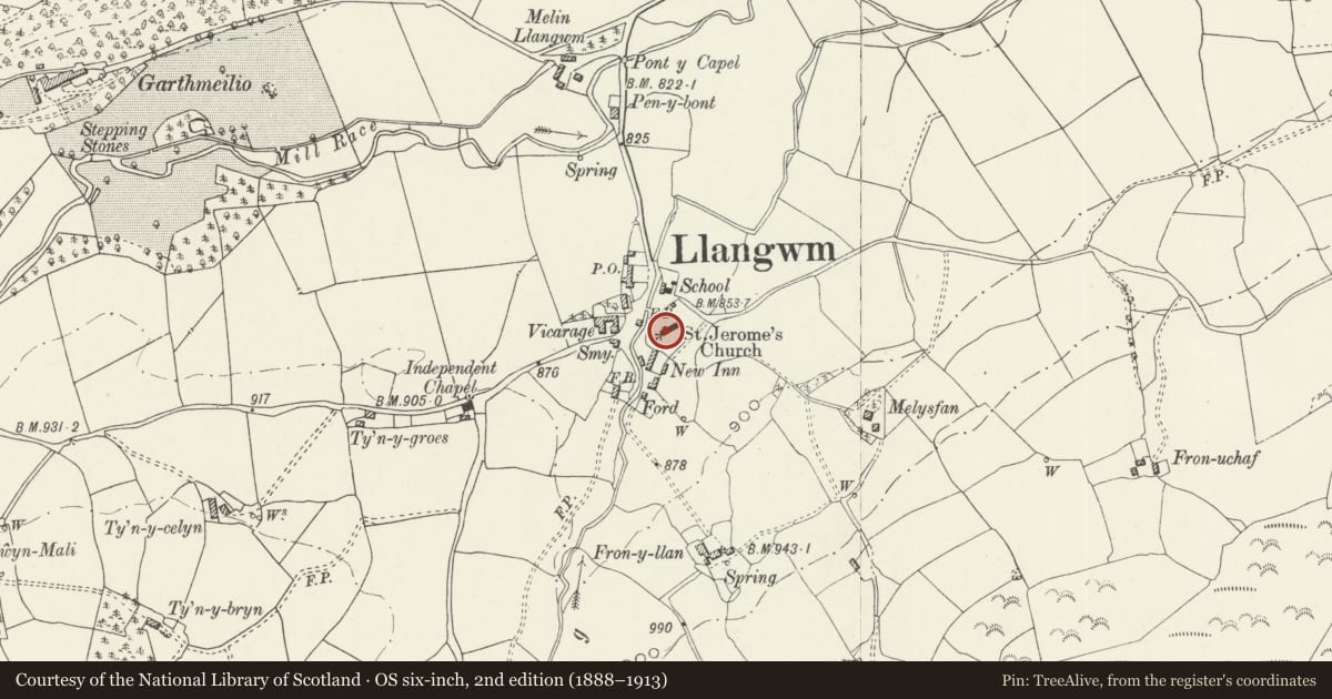 Ordnance Survey six-inch map, 2nd edition (1888–1913) covering the location of Church of St Jerome, Llangwm, Conwy, with a pin at the register's coordinates