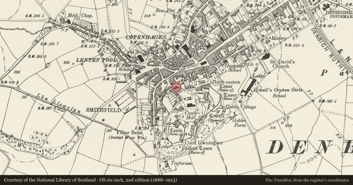 Ordnance Survey six-inch map, 2nd edition (1888–1913) covering the location of Burgess Gate, Denbigh, Denbighshire, with a pin at the register's coordinates