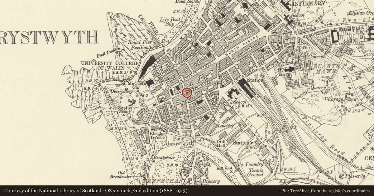 Ordnance Survey six-inch map, 2nd edition (1888–1913) covering the location of Hairdressers Salon, Aberystwyth, Ceredigion, with a pin at the register's coordinates