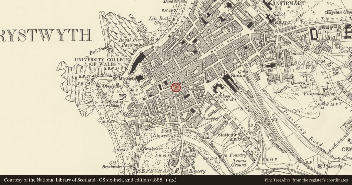 Ordnance Survey six-inch map, 2nd edition (1888–1913) covering the location of 44 Queen Street, Aberystwyth, Ceredigion, with a pin at the register's coordinates