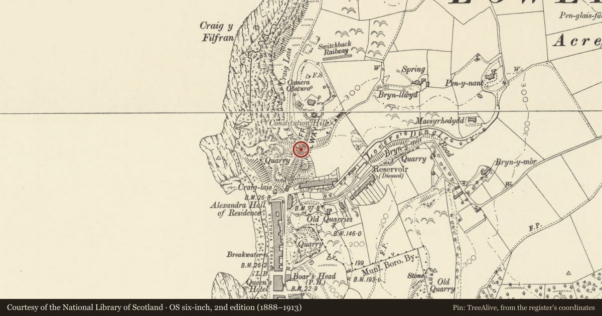 Ordnance Survey six-inch map, 2nd edition (1888–1913) covering the location of Cliff Railway including Upper & Lower Stations, Aberystwyth, Ceredigion, with a pin at the register's coordinates