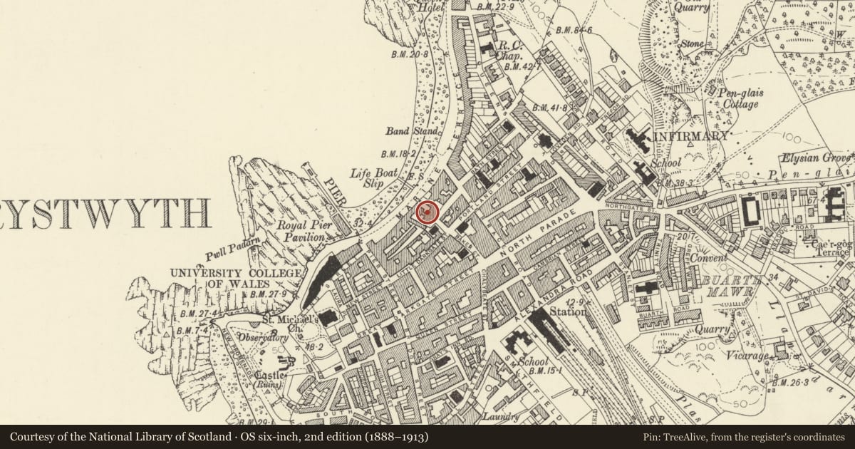Ordnance Survey six-inch map, 2nd edition (1888–1913) covering the location of Public Library, Aberystwyth, Ceredigion, with a pin at the register's coordinates