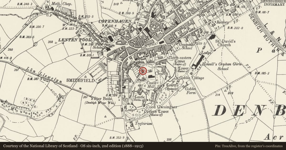 Ordnance Survey six-inch map, 2nd edition (1888–1913) covering the location of 52 Tower Hill, Denbigh, Denbighshire, with a pin at the register's coordinates