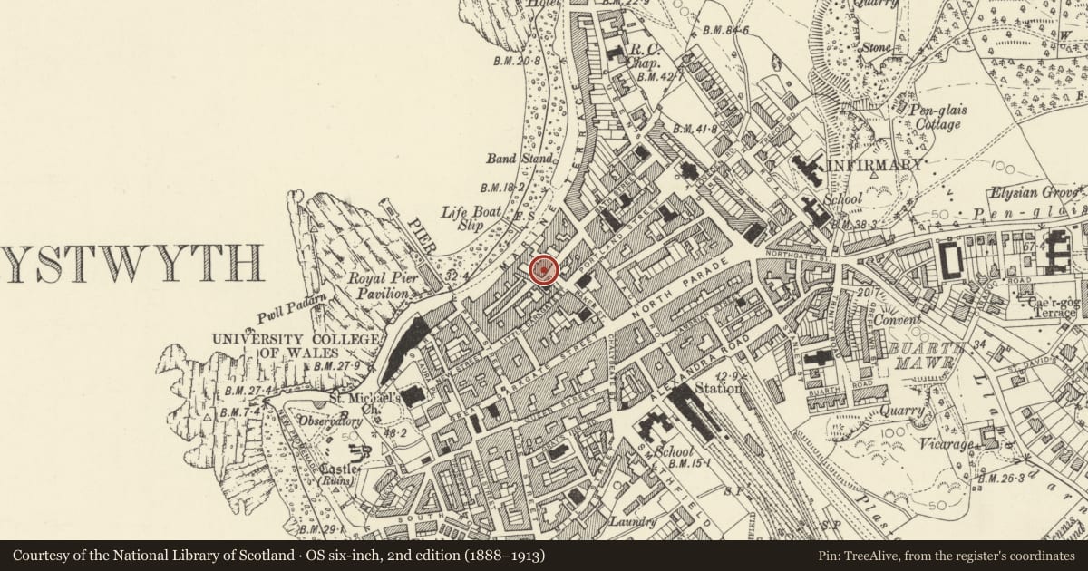 Ordnance Survey six-inch map, 2nd edition (1888–1913) covering the location of 19 Corporation Street, Aberystwyth, Ceredigion, with a pin at the register's coordinates