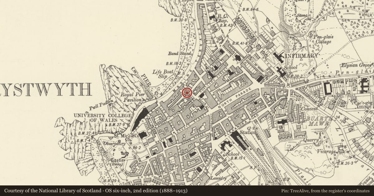 Ordnance Survey six-inch map, 2nd edition (1888–1913) covering the location of 21 Corporation Street, Aberystwyth, Ceredigion, with a pin at the register's coordinates