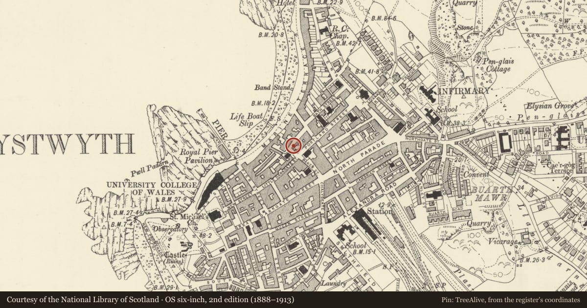 Ordnance Survey six-inch map, 2nd edition (1888–1913) covering the location of Unicorn Inn PH, Aberystwyth, Ceredigion, with a pin at the register's coordinates