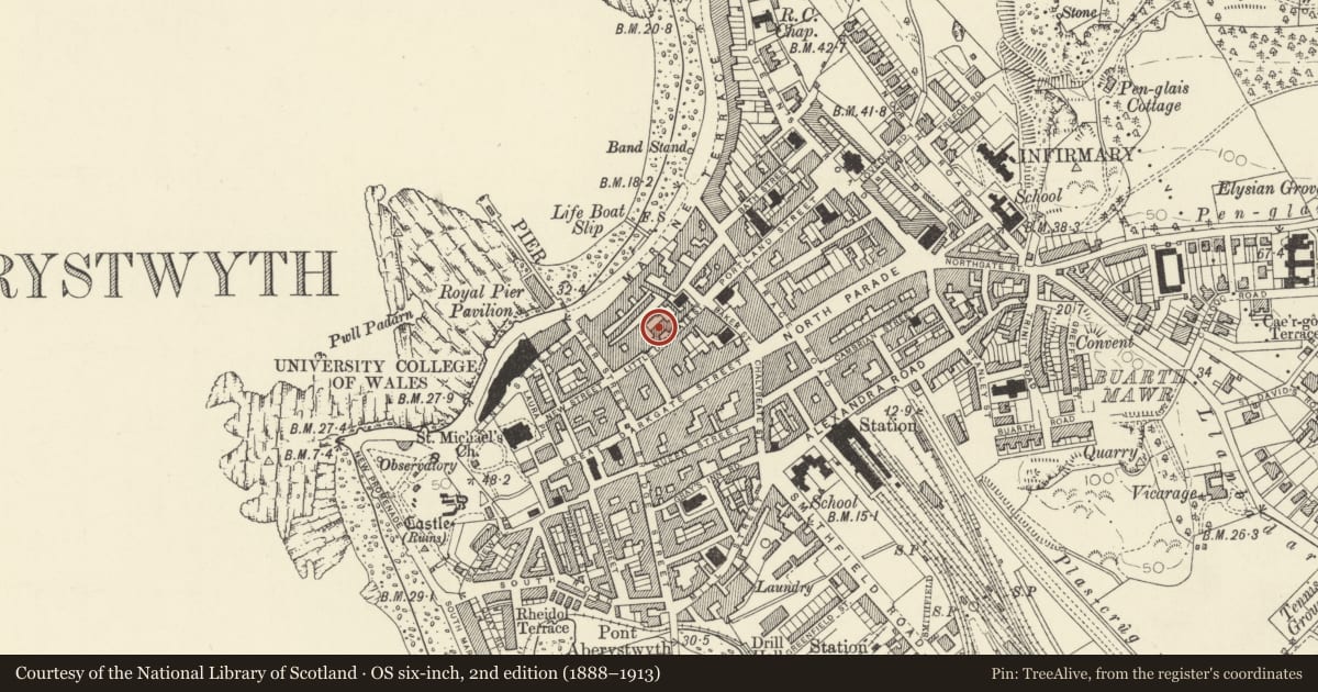 Ordnance Survey six-inch map, 2nd edition (1888–1913) covering the location of Crynfryn House - Unemployment Benefit Office, Aberystwyth, Ceredigion, with a pin at the register's coordinates