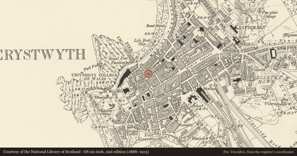 Ordnance Survey six-inch map, 2nd edition (1888–1913) covering the location of Croeso Ir Cabin, Aberystwyth, Ceredigion, with a pin at the register's coordinates