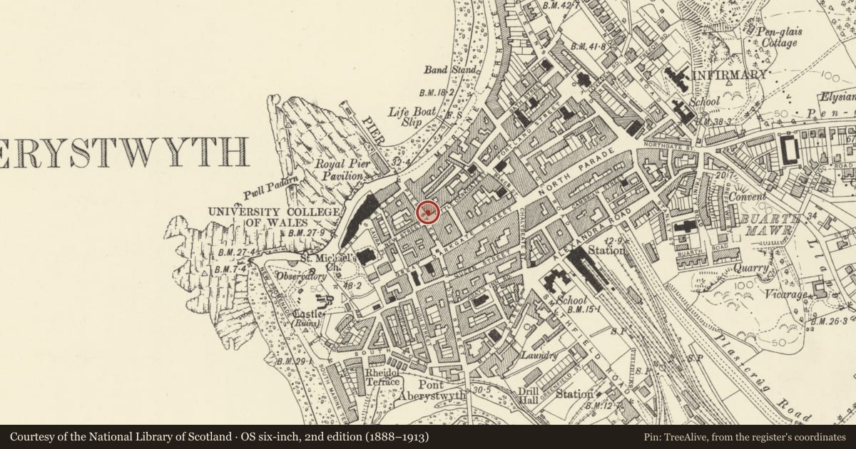 Ordnance Survey six-inch map, 2nd edition (1888–1913) covering the location of St Davids Club, Aberystwyth, Ceredigion, with a pin at the register's coordinates