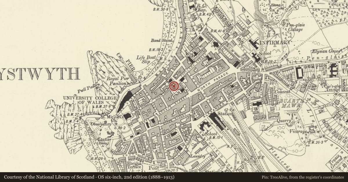 Ordnance Survey six-inch map, 2nd edition (1888–1913) covering the location of Monabri, Aberystwyth, Ceredigion, with a pin at the register's coordinates