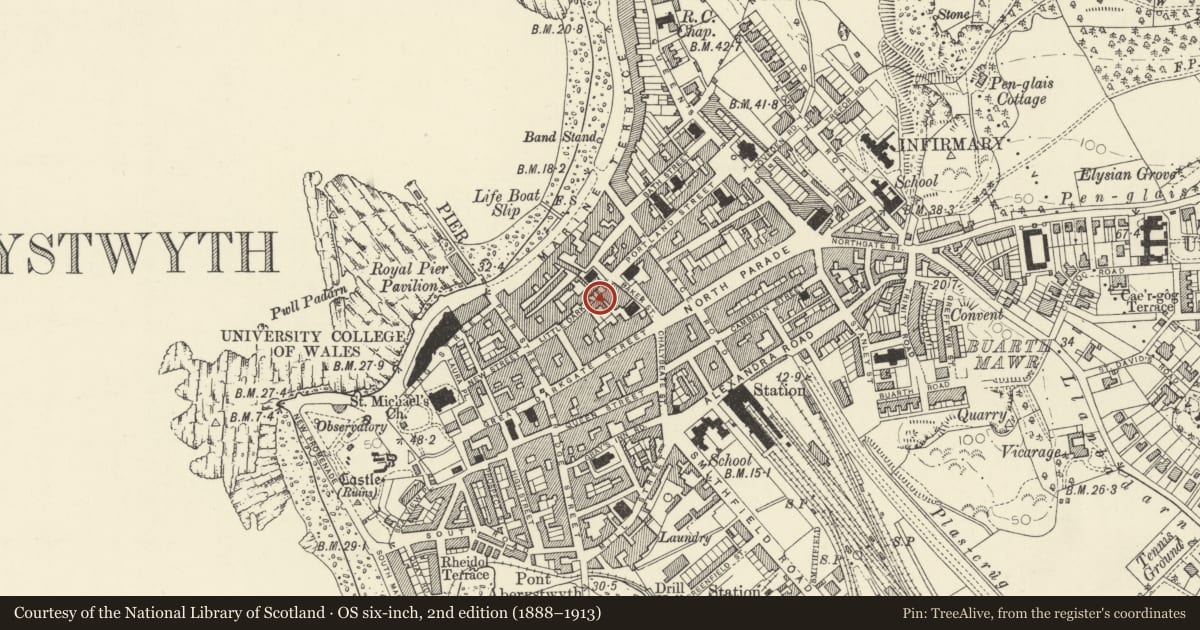 Ordnance Survey six-inch map, 2nd edition (1888–1913) covering the location of 10 Eastgate, Aberystwyth, Ceredigion, with a pin at the register's coordinates