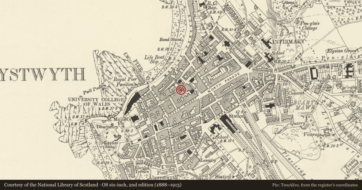 Ordnance Survey six-inch map, 2nd edition (1888–1913) covering the location of 14 Eastgate, Aberystwyth, Ceredigion, with a pin at the register's coordinates