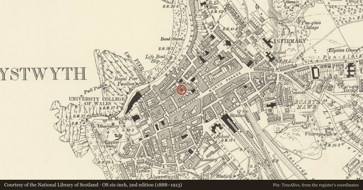 Ordnance Survey six-inch map, 2nd edition (1888–1913) covering the location of 16 Eastgate, Aberystwyth, Ceredigion, with a pin at the register's coordinates