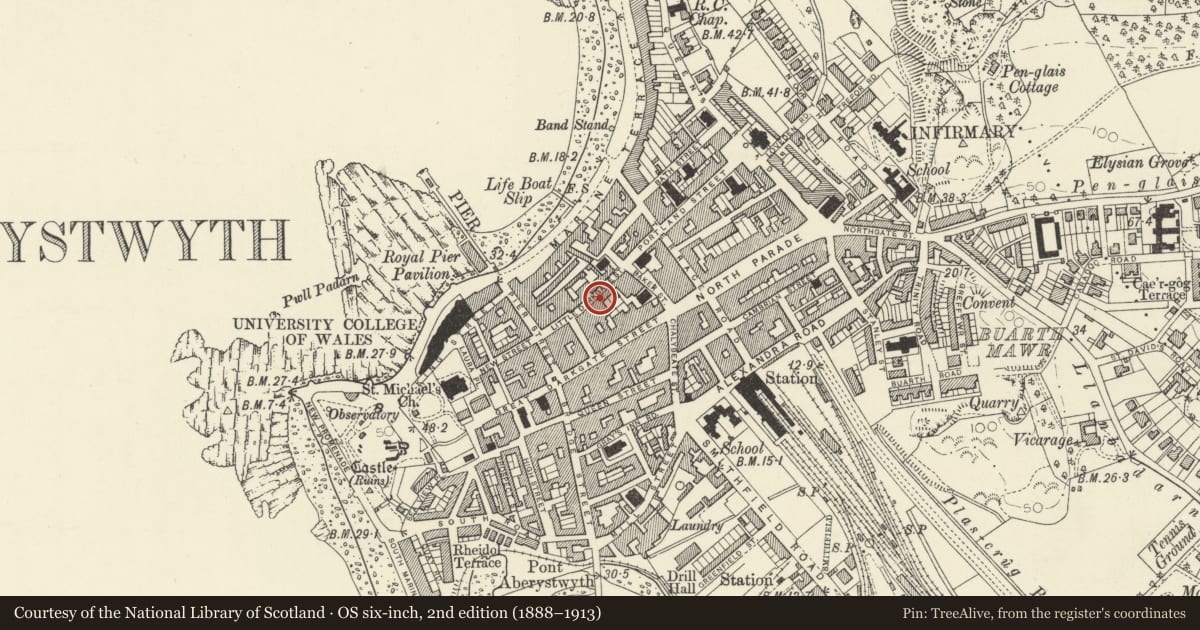 Ordnance Survey six-inch map, 2nd edition (1888–1913) covering the location of 18 Eastgate, Aberystwyth, Ceredigion, with a pin at the register's coordinates