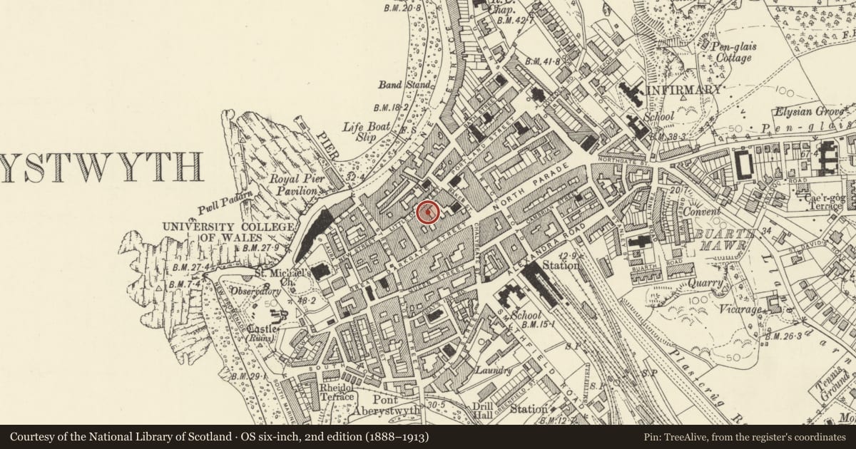 Ordnance Survey six-inch map, 2nd edition (1888–1913) covering the location of Gateway Buildings, Aberystwyth, Ceredigion, with a pin at the register's coordinates