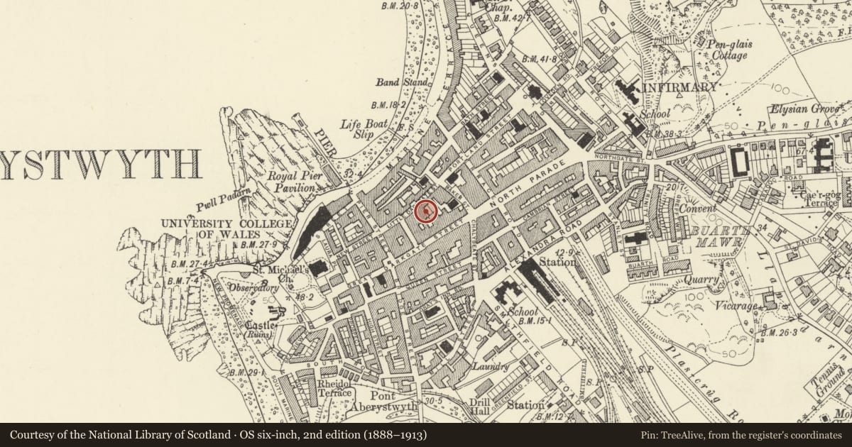 Ordnance Survey six-inch map, 2nd edition (1888–1913) covering the location of Gateway Buildings, Aberystwyth, Ceredigion, with a pin at the register's coordinates