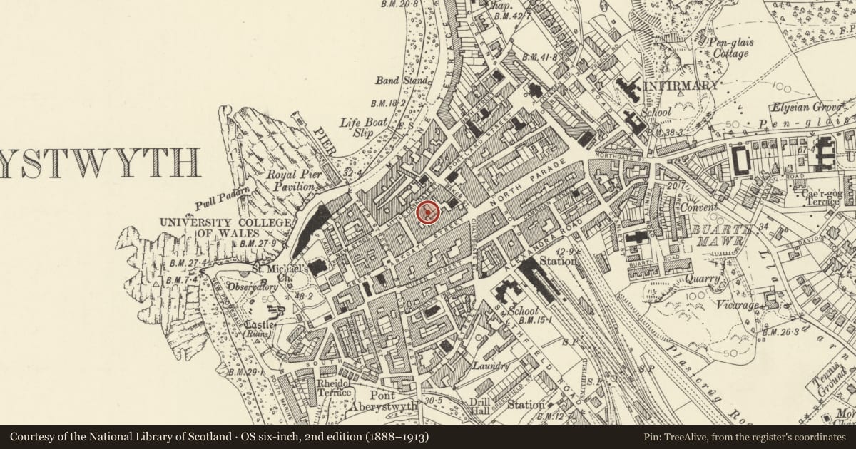 Ordnance Survey six-inch map, 2nd edition (1888–1913) covering the location of Gateway Buildings No3, Aberystwyth, Ceredigion, with a pin at the register's coordinates