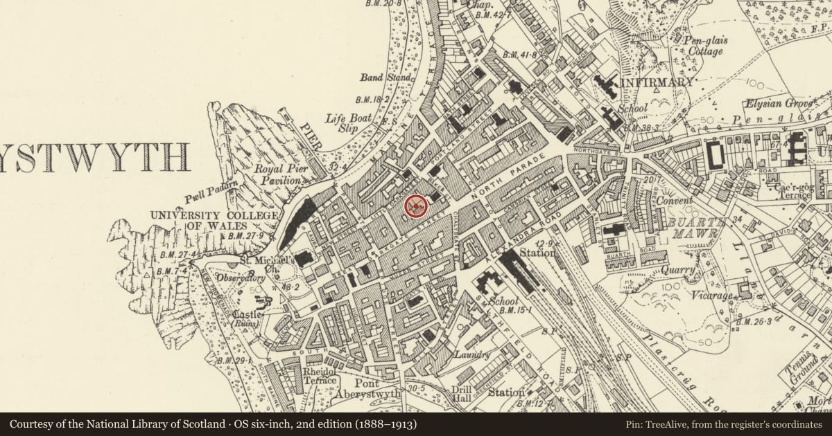 Ordnance Survey six-inch map, 2nd edition (1888–1913) covering the location of Gateway Buildings No4, Aberystwyth, Ceredigion, with a pin at the register's coordinates