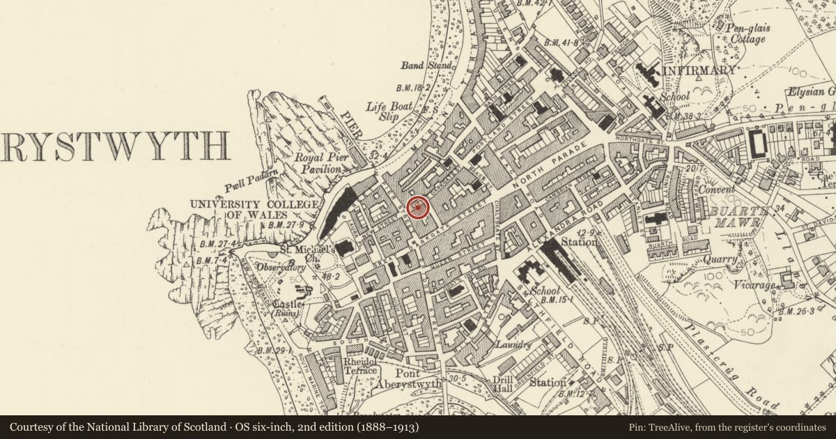Ordnance Survey six-inch map, 2nd edition (1888–1913) covering the location of 34 Eastgate, Aberystwyth, Ceredigion, with a pin at the register's coordinates