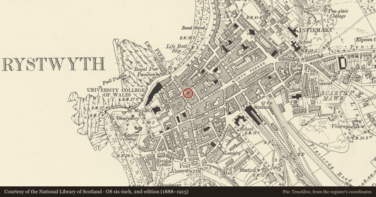 Ordnance Survey six-inch map, 2nd edition (1888–1913) covering the location of 36a Eastgate, Aberystwyth, Ceredigion, with a pin at the register's coordinates