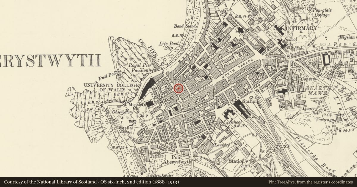 Ordnance Survey six-inch map, 2nd edition (1888–1913) covering the location of 38 Eastgate, Aberystwyth, Ceredigion, with a pin at the register's coordinates