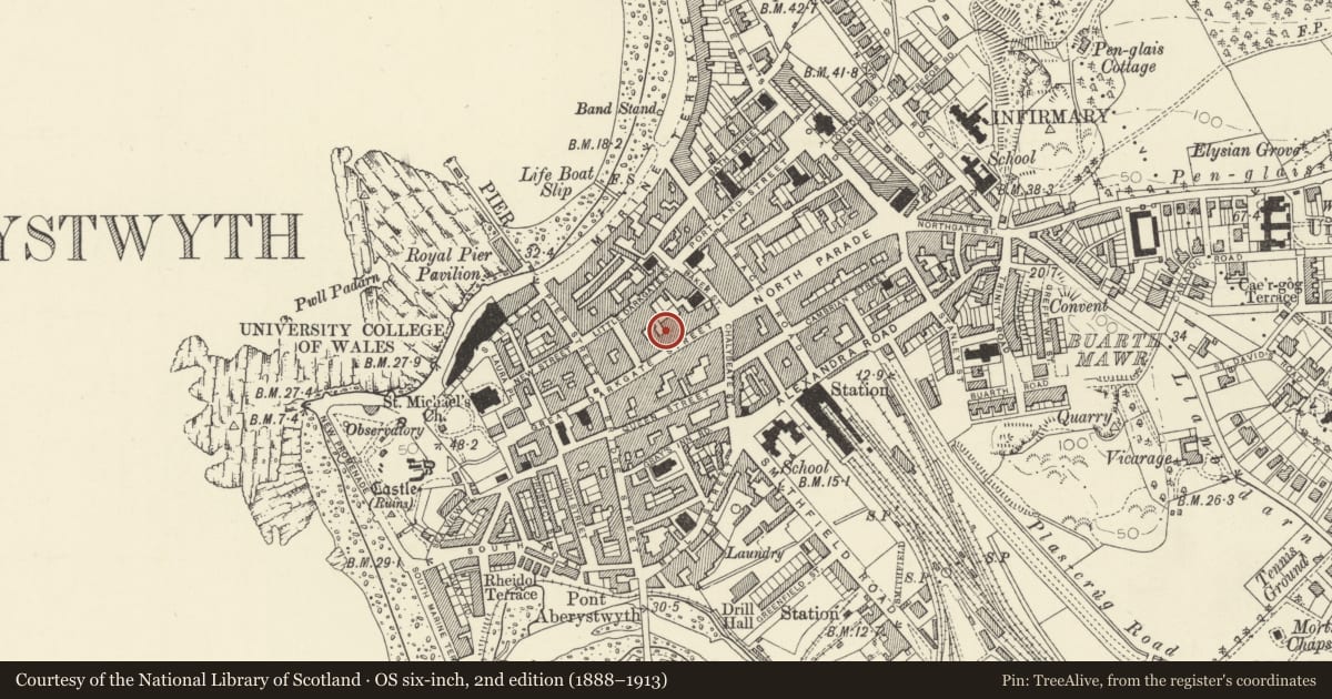 Ordnance Survey six-inch map, 2nd edition (1888–1913) covering the location of Midland Bank, Aberystwyth, Ceredigion, with a pin at the register's coordinates