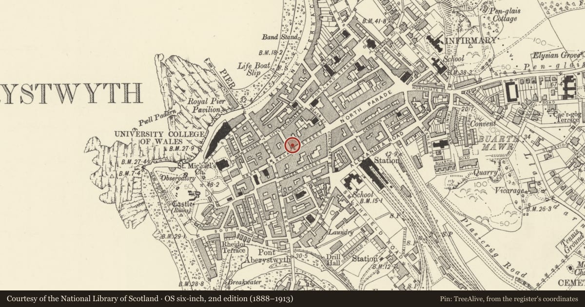 Ordnance Survey six-inch map, 2nd edition (1888–1913) covering the location of The Ideal Bookshop, Aberystwyth, Ceredigion, with a pin at the register's coordinates