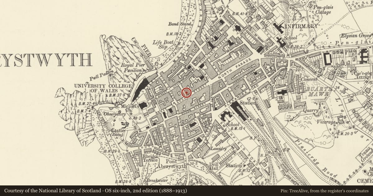 Ordnance Survey six-inch map, 2nd edition (1888–1913) covering the location of 1 Market Street, Aberystwyth, Ceredigion, with a pin at the register's coordinates