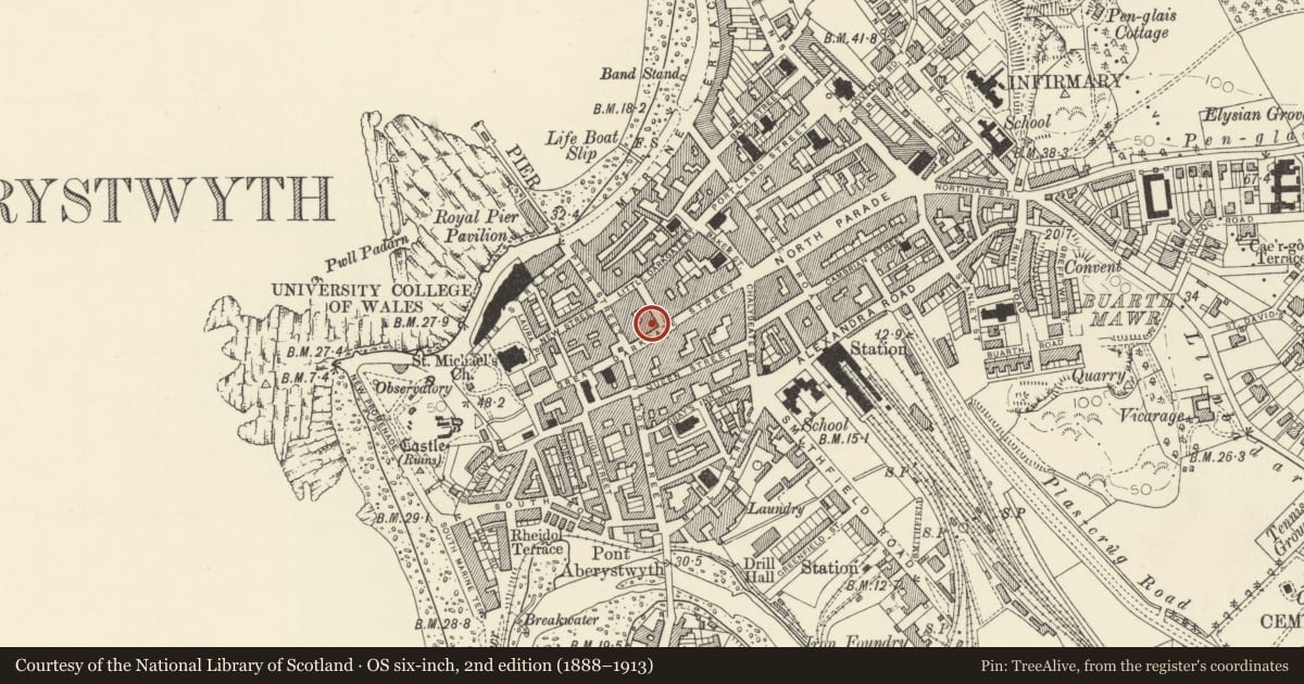 Ordnance Survey six-inch map, 2nd edition (1888–1913) covering the location of Howells, Aberystwyth, Ceredigion, with a pin at the register's coordinates