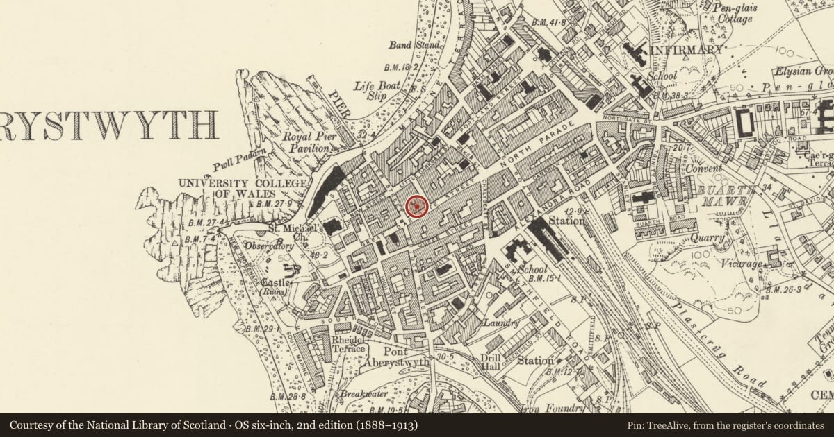 Ordnance Survey six-inch map, 2nd edition (1888–1913) covering the location of Trustee Savings Bank, Aberystwyth, Ceredigion, with a pin at the register's coordinates