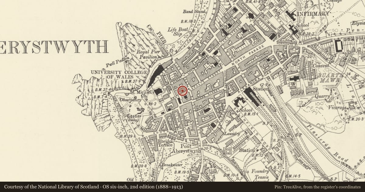 Ordnance Survey six-inch map, 2nd edition (1888–1913) covering the location of 51 Great Darkgate Street, Aberystwyth, Ceredigion, with a pin at the register's coordinates