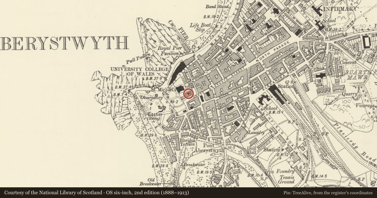 Ordnance Survey six-inch map, 2nd edition (1888–1913) covering the location of Former Assembly Rooms of Music & Drama, Aberystwyth, Ceredigion, with a pin at the register's coordinates