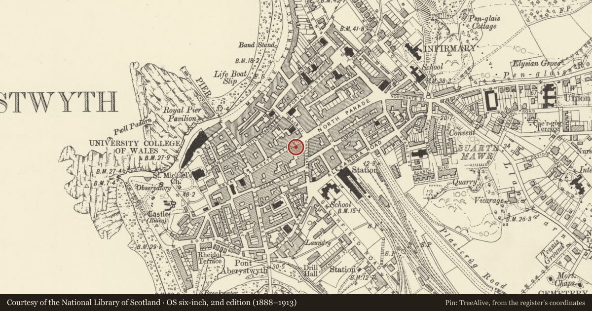 Ordnance Survey six-inch map, 2nd edition (1888–1913) covering the location of Head Post Office, Aberystwyth, Ceredigion, with a pin at the register's coordinates