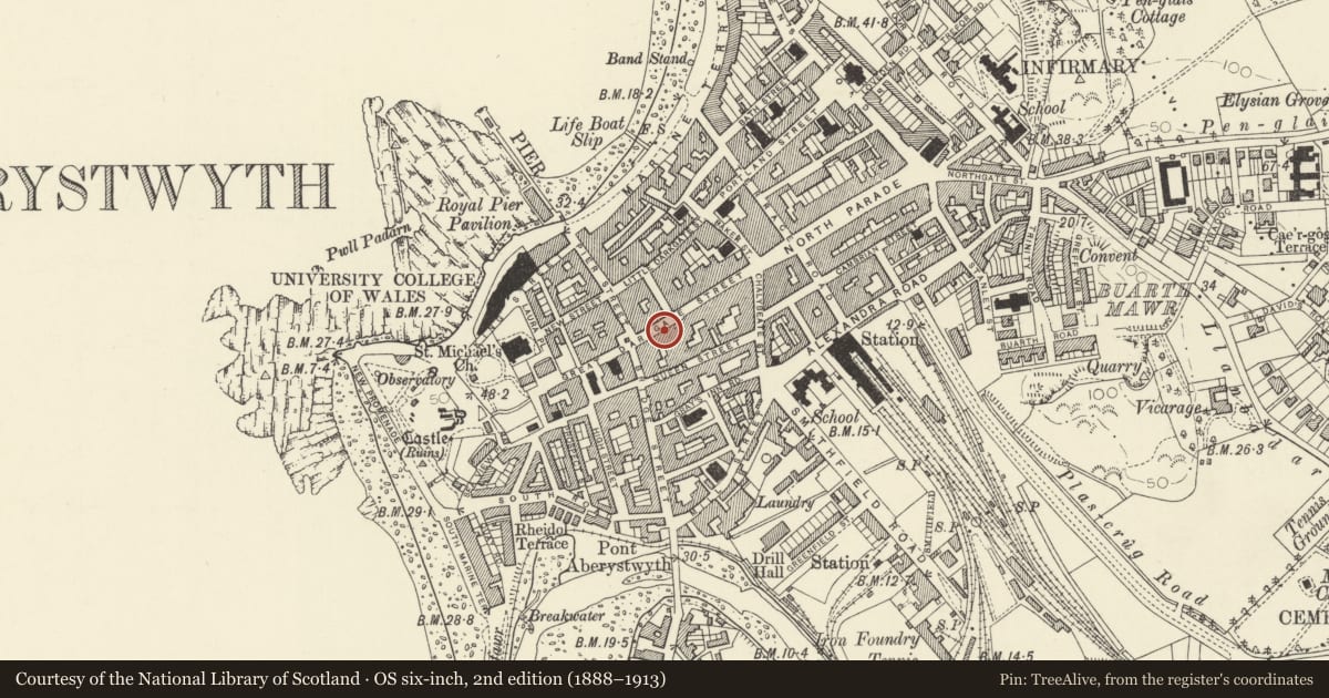 Ordnance Survey six-inch map, 2nd edition (1888–1913) covering the location of Burton, Aberystwyth, Ceredigion, with a pin at the register's coordinates